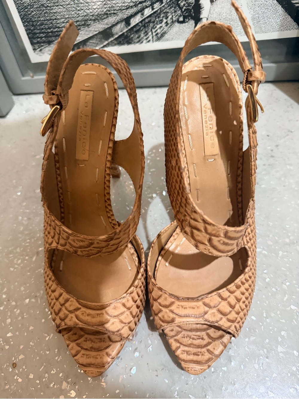 Woven Snake-Embossed Slingback Heels in Tan